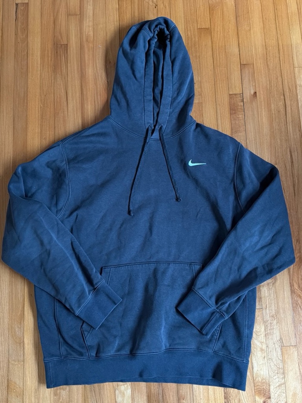 Nike Men's Dark Blue Pullover Hoodie with Teal Swoosh